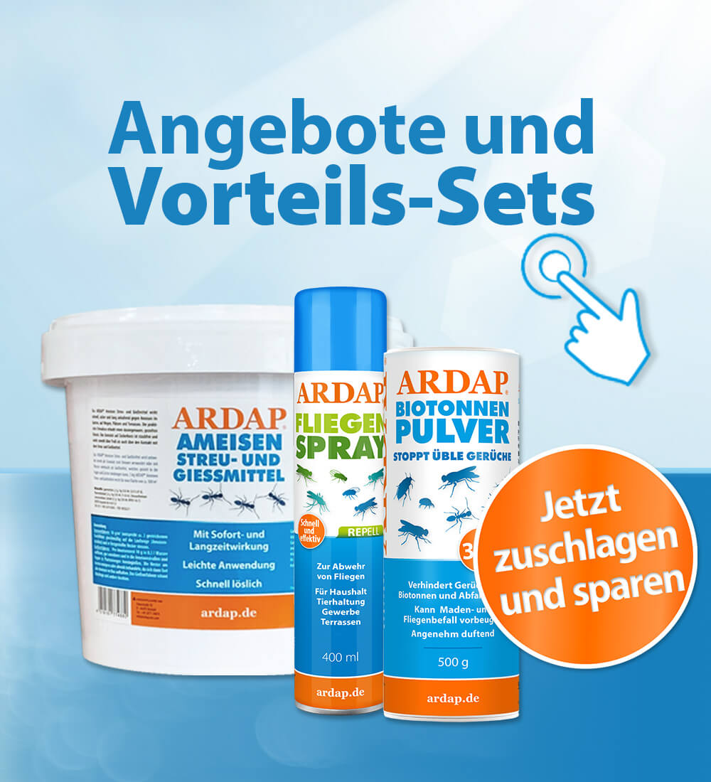 Angebote und Vorteils-Sets - ARDAP Ameisenstreu- und Giessmittel - ARDAP Fliegenspray - ARDAP Biotonnenpulver - Jetzt zuschlagen und sparen