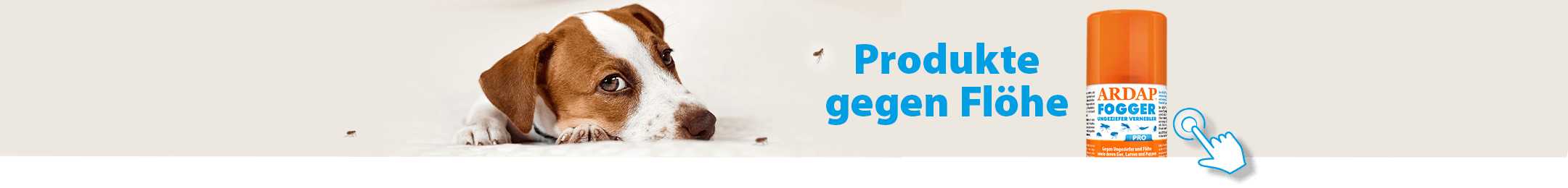 Bild von Hund ARDAP Fogger mit Text "Produkte gegen Flöhe"