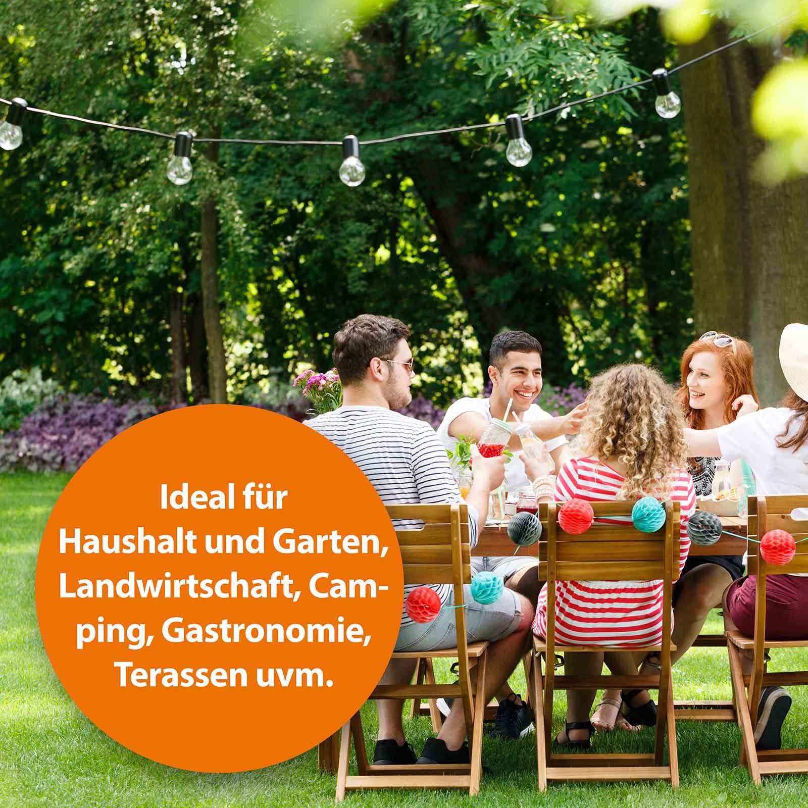 Freunde Picknicken im Garten mit der Schrift "Ideal für Haushalt und Garten, Landwirtschaft, Camping, Gastronomie, Terrassen uvm.