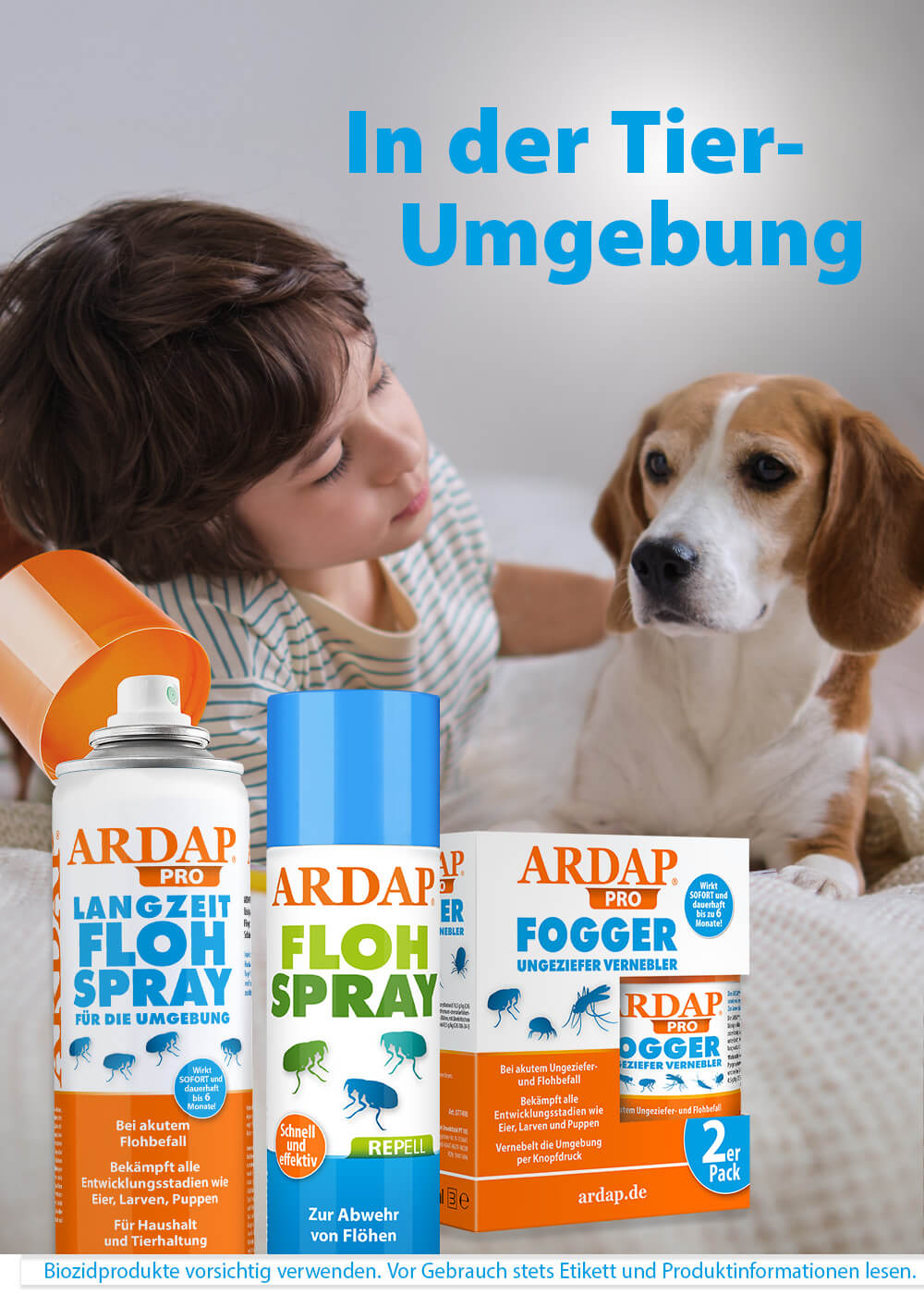 Kind mit Hund und Produkte für die Tierumgebung