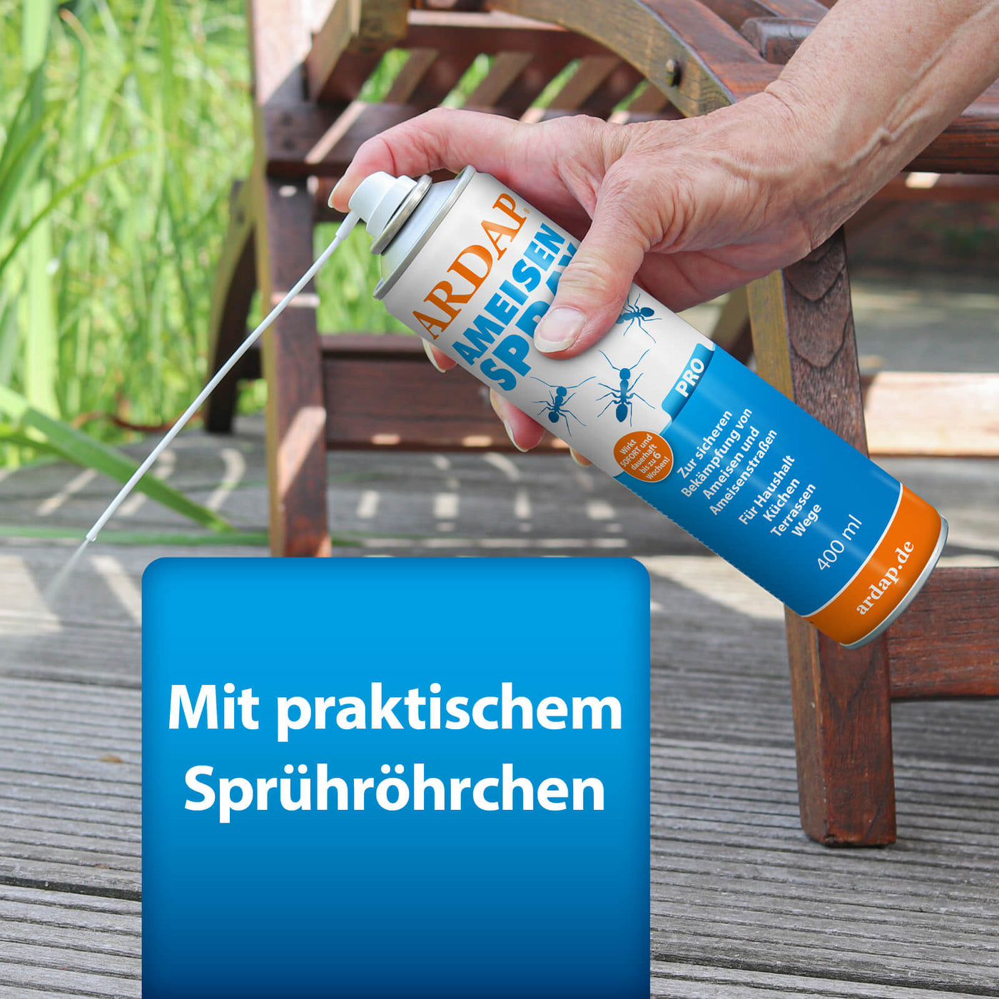 Anwendung ARDAP Pro Ameisenspray auf Terrasse - Mit praktischem Sprühröhrchen