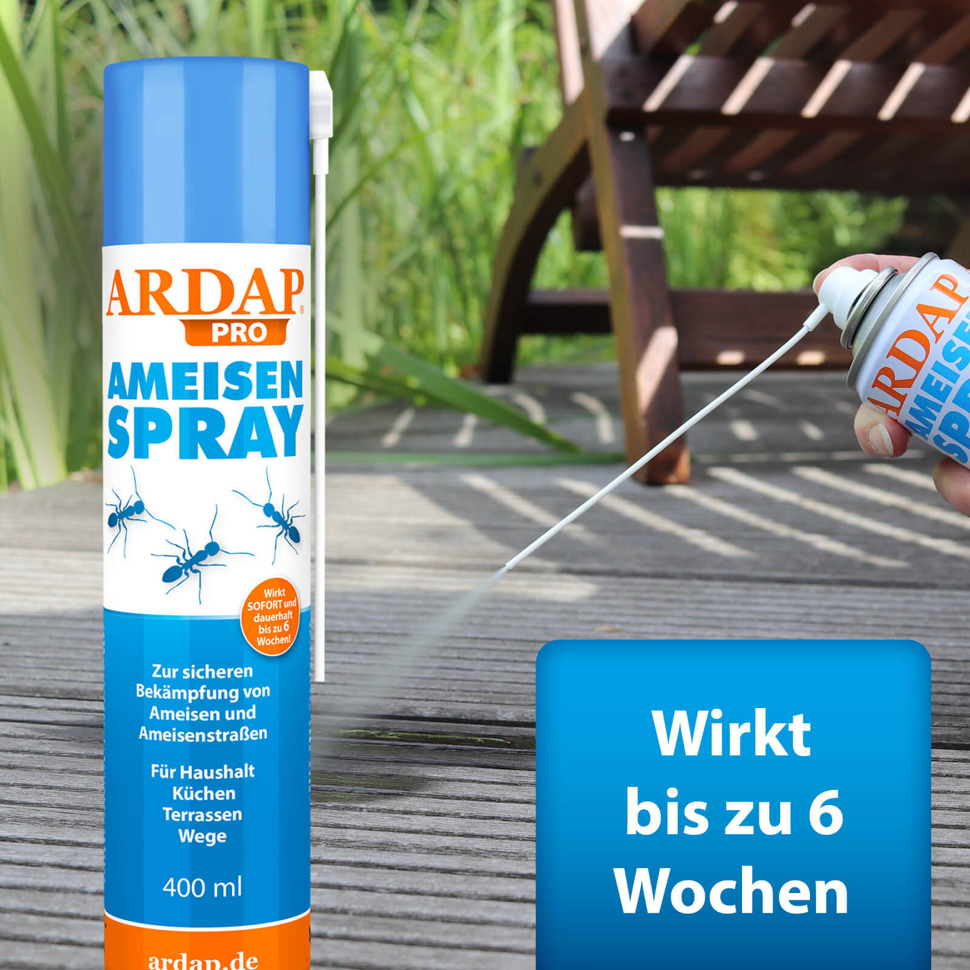 Anwendung ARDAP Pro Ameisenspray auf Terrasse - Mit praktischem Sprühröhrchen