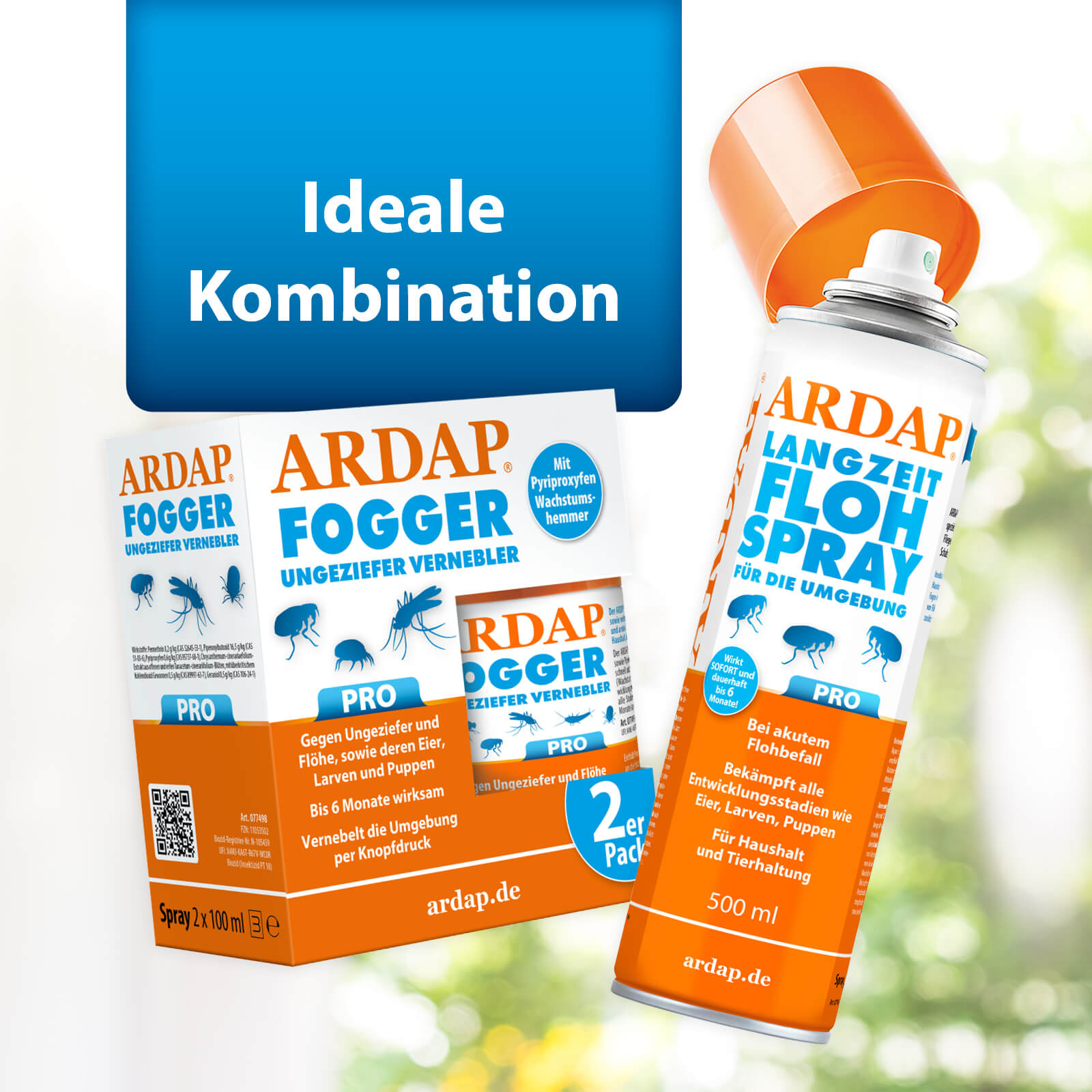 Bild von ARDAP Pro Fogger und Langzeit Flohspray mit Text "Ideale Kombination"