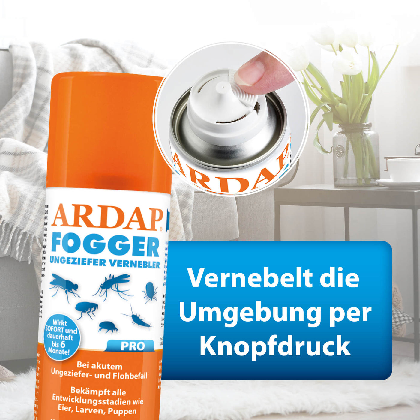 Bild von ARDAP Fogger und Druckkopf mit Text "Vernebelt die Umgebung per Knopfdruck"