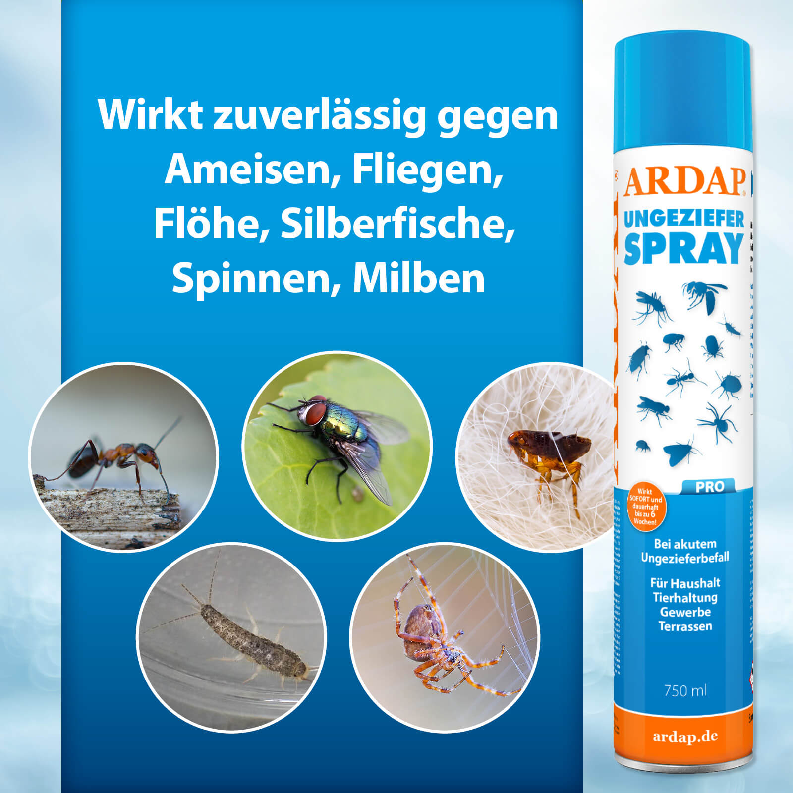 ARDAP Pro Ungezieferspray - Wirkt zuverlässig gegen Ameisen, Fliegen, Flöhe, Silberfische, Spinnen, Milben