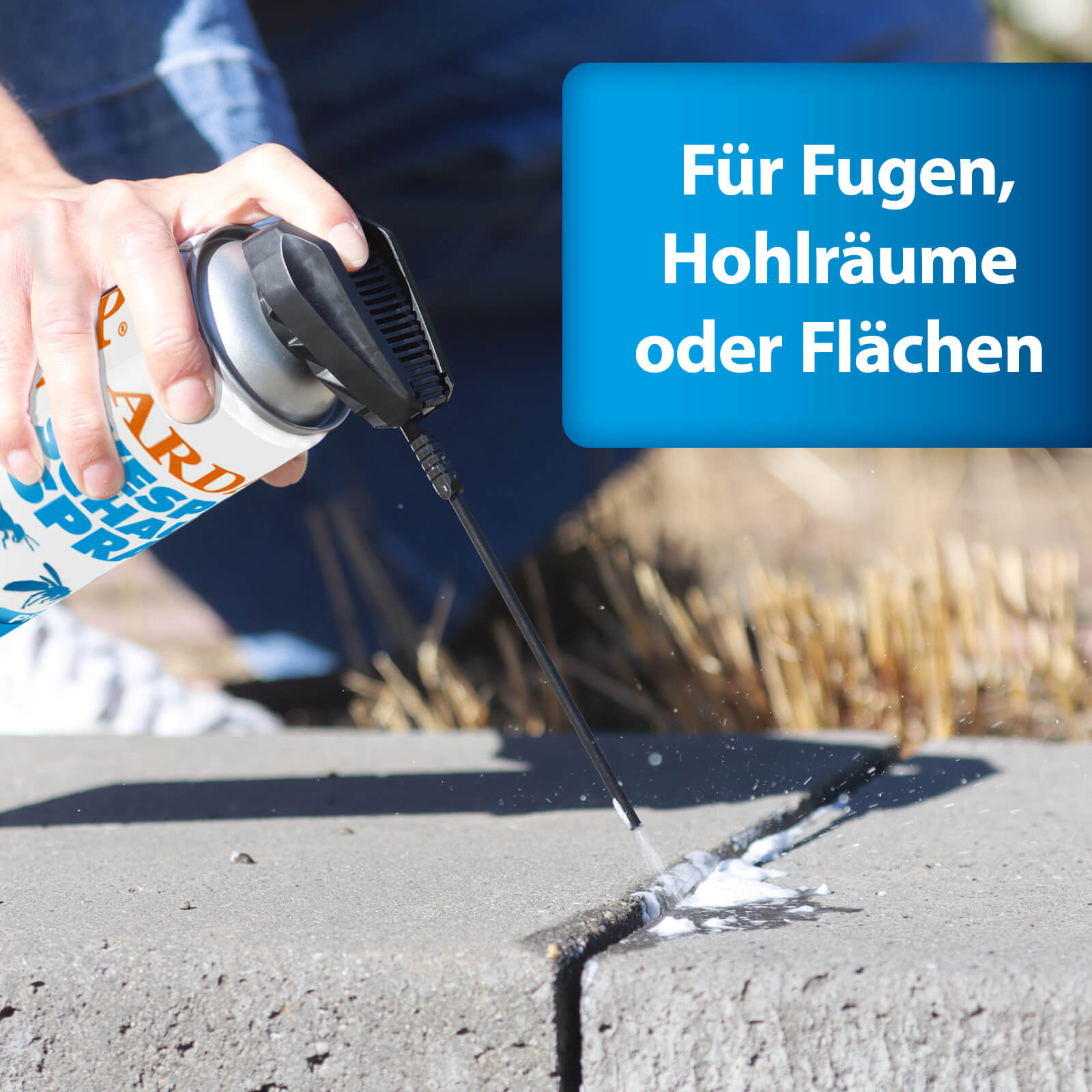 ARDAP Pro Wespen Schaumspray wird in Steinfuge gesprüht mit Text "Für Fugen, Hohlräume oder Flächen"