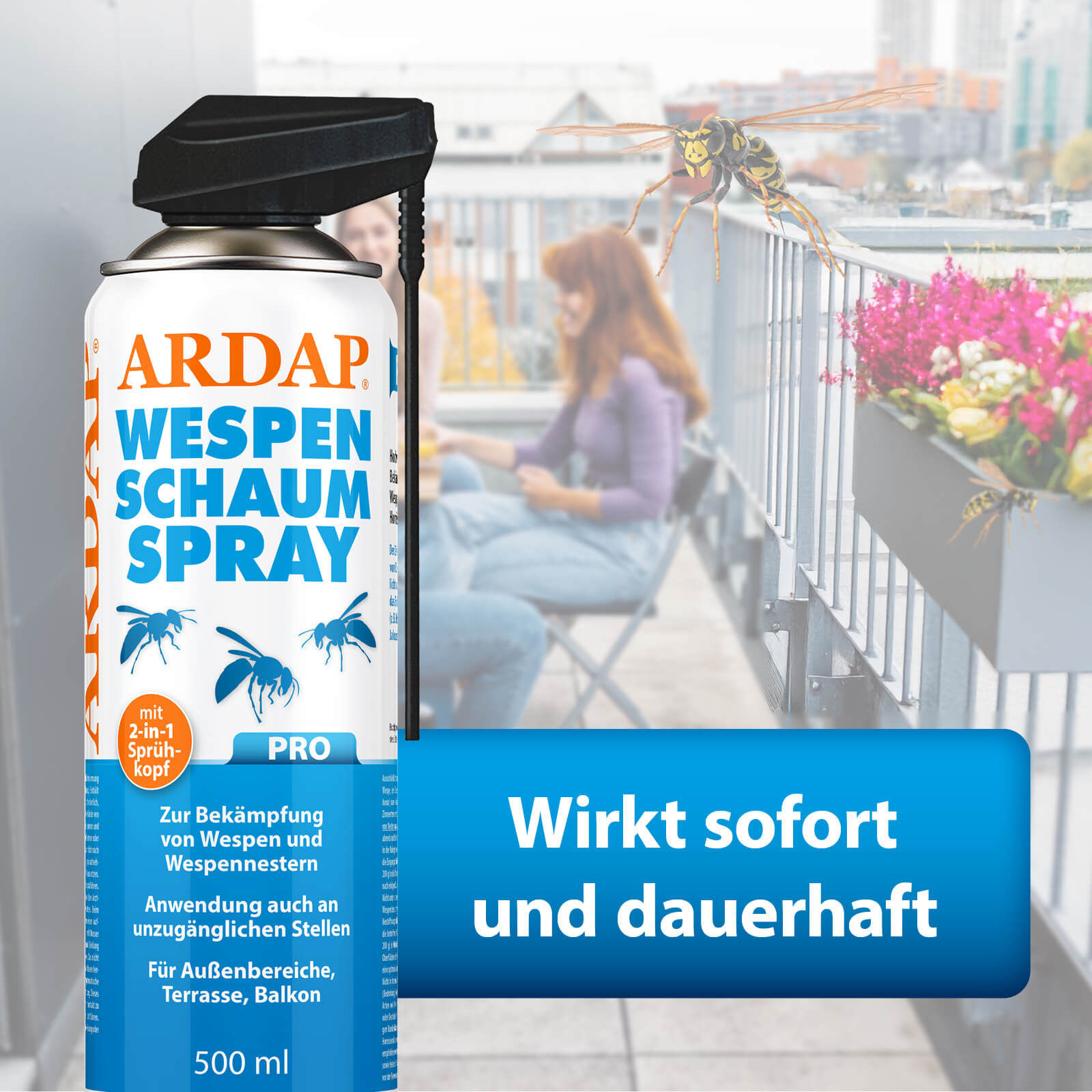 Abbildung ARDAP Wespen Schaumspray mit Text "Wirkt sofort und dauerhaft"
