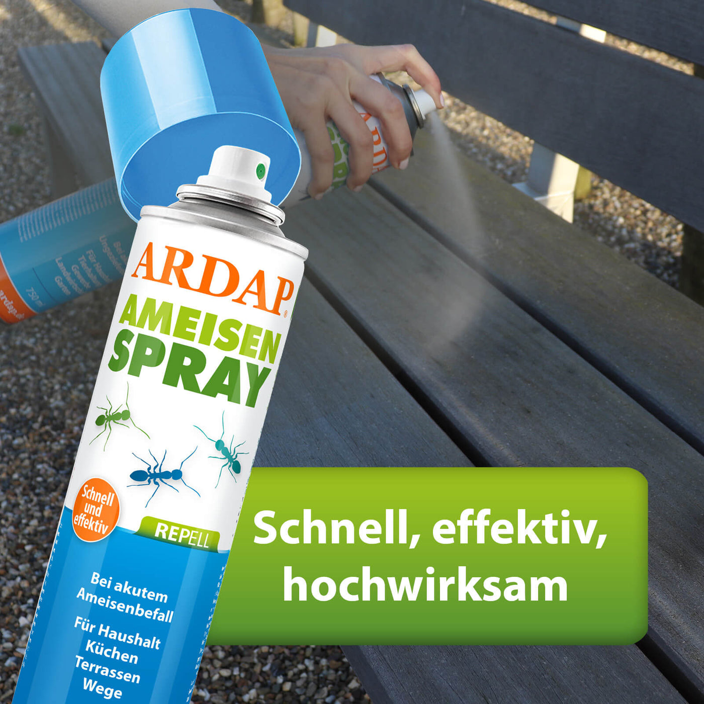 Anwendung des ARDAP Repell Ameisensprays auf Bank im Garten mit Text "Schnell und effektiv"