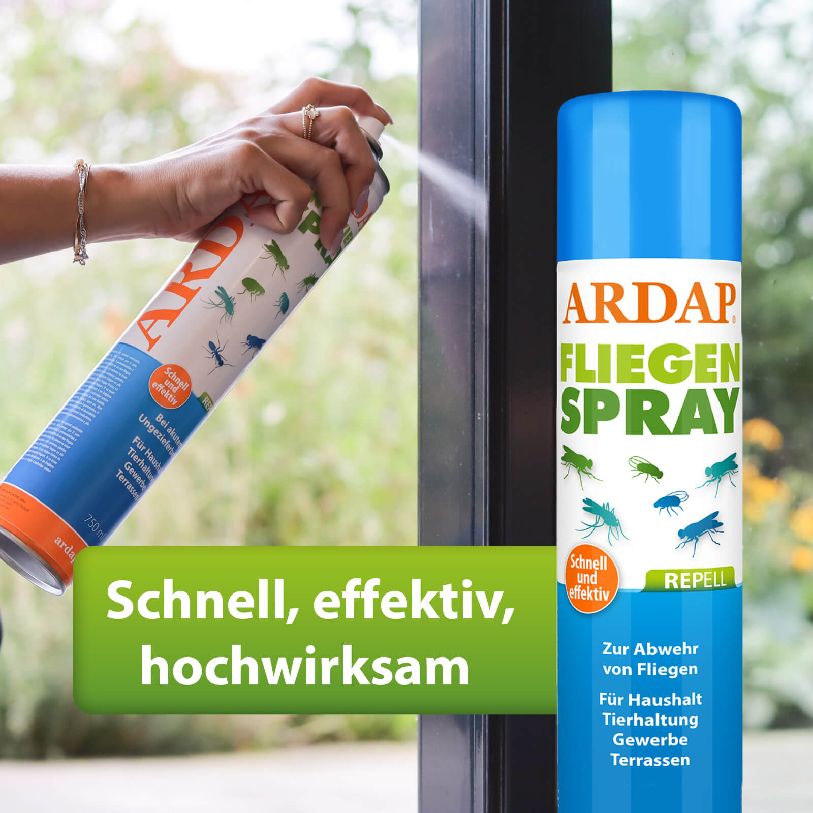 Anwendung ARDAP Repell Fliegenspray am Fensterrahmen - Schnell, effektiv, hohwirksam