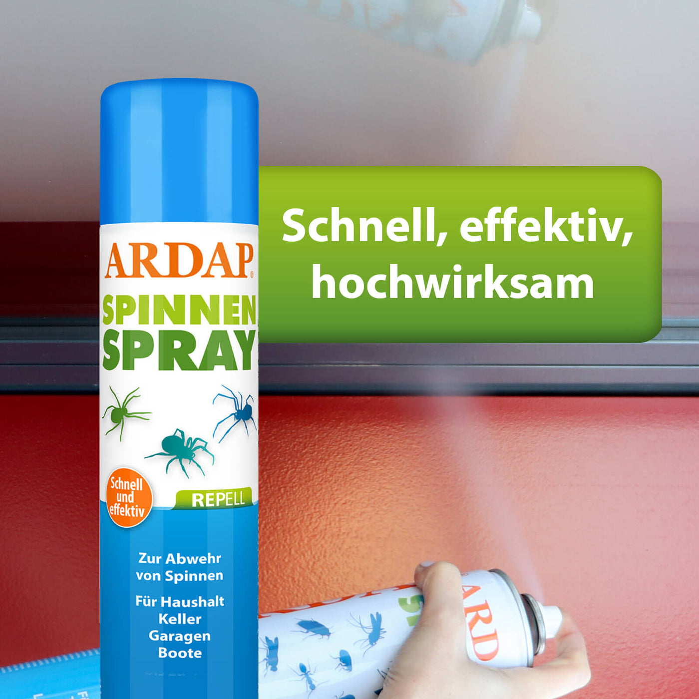 Bild von Anwendung des ARDAP Repell Spinnensprays am Fensterrahmen mit Text "Schnell und effektiv"