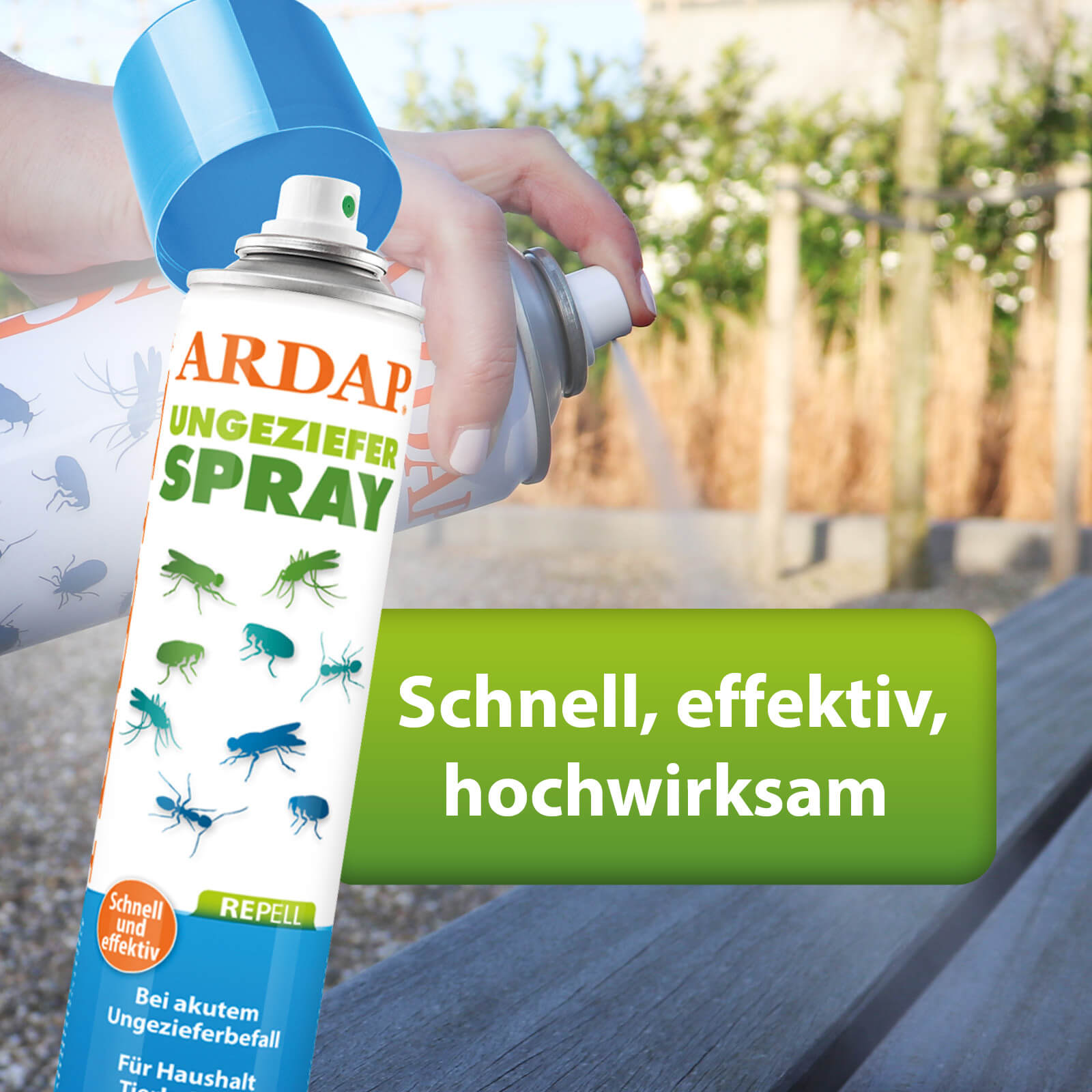 Anwendung von ARDAP Repell Ungezieferspray im Garten, wirkt schnell und effektiv