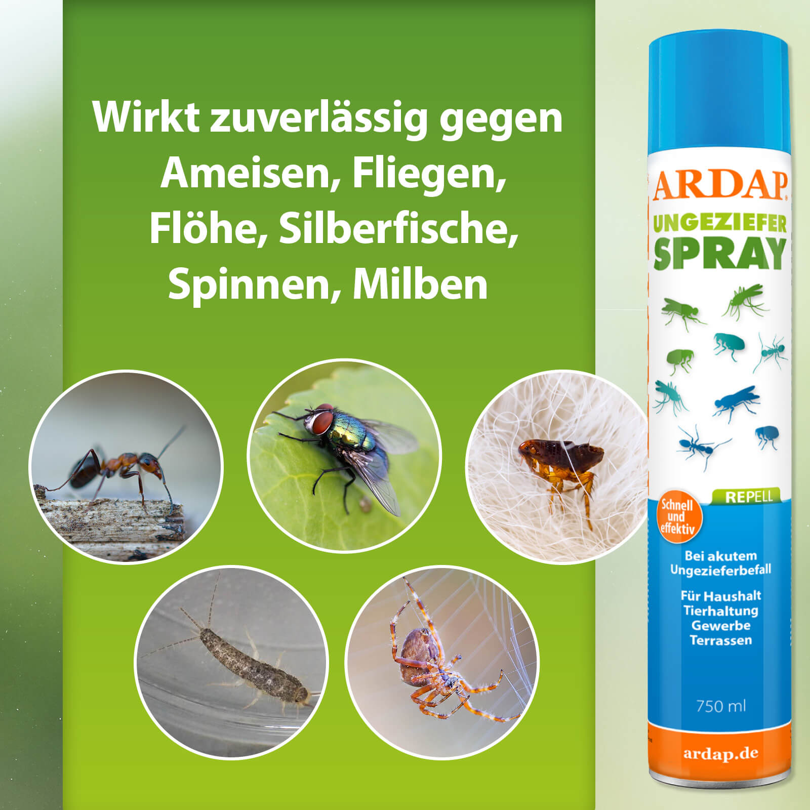 ARDAP Repell Ungezieferspray - Wirkt zuverlässig gegen Ameisen, Fliegen, Flöhe, Silberfische, Spinnen, Milben
