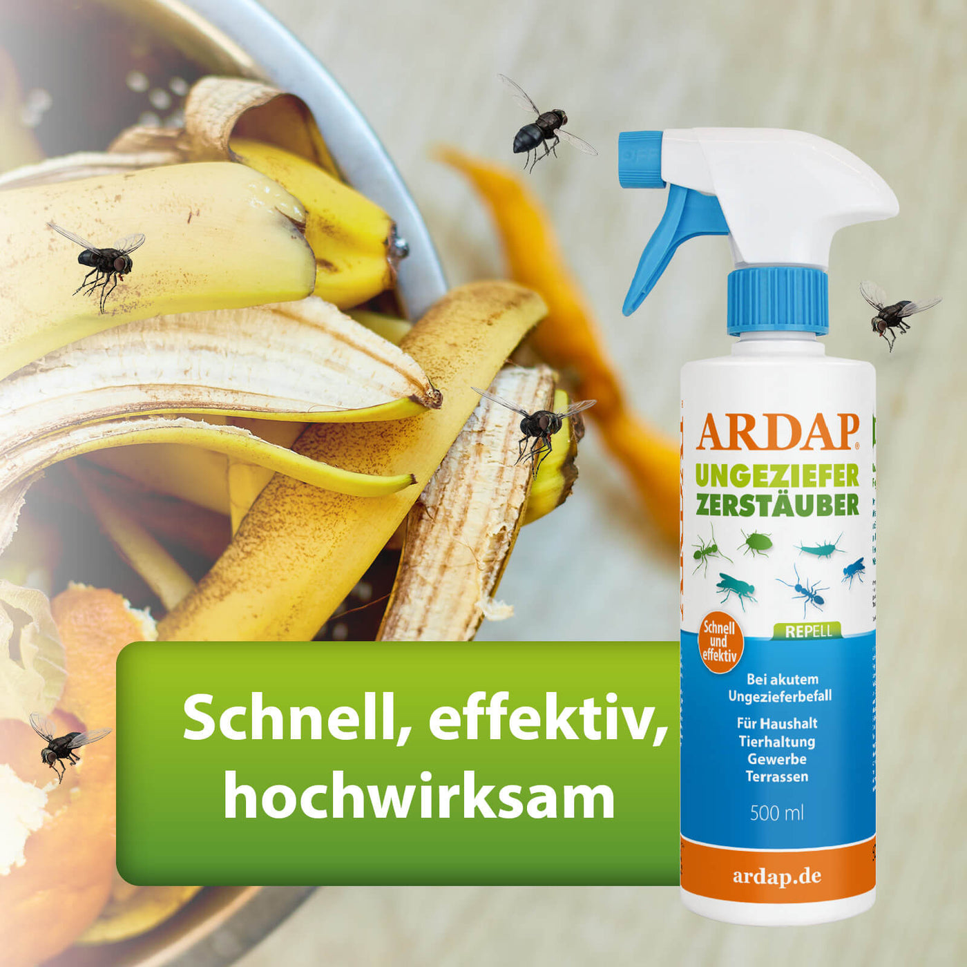 ARDAP Repell Zerstäuber wirkt schnell und effektiv, Bild von Fliegen und Obstabfall