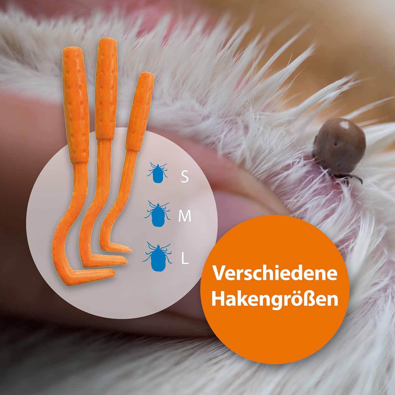 Katze mit Zecke im Fell mit der Schrift "Verschiedene Hakengrößen"