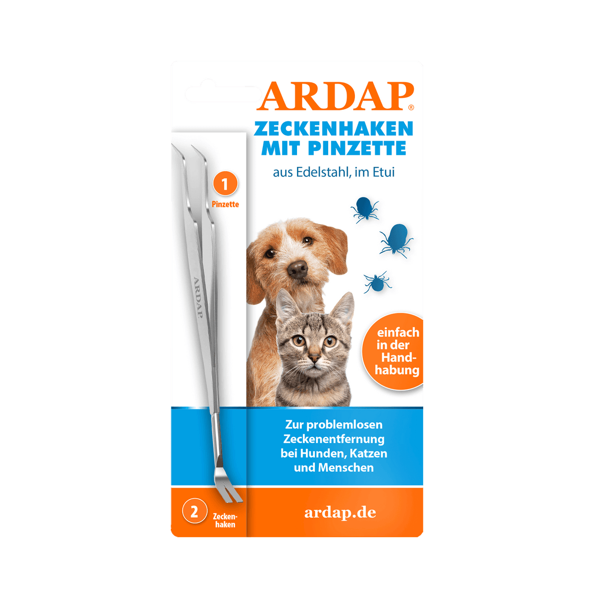 ARDAP Zeckenhaken mit Pinzette für Hund und Katze 