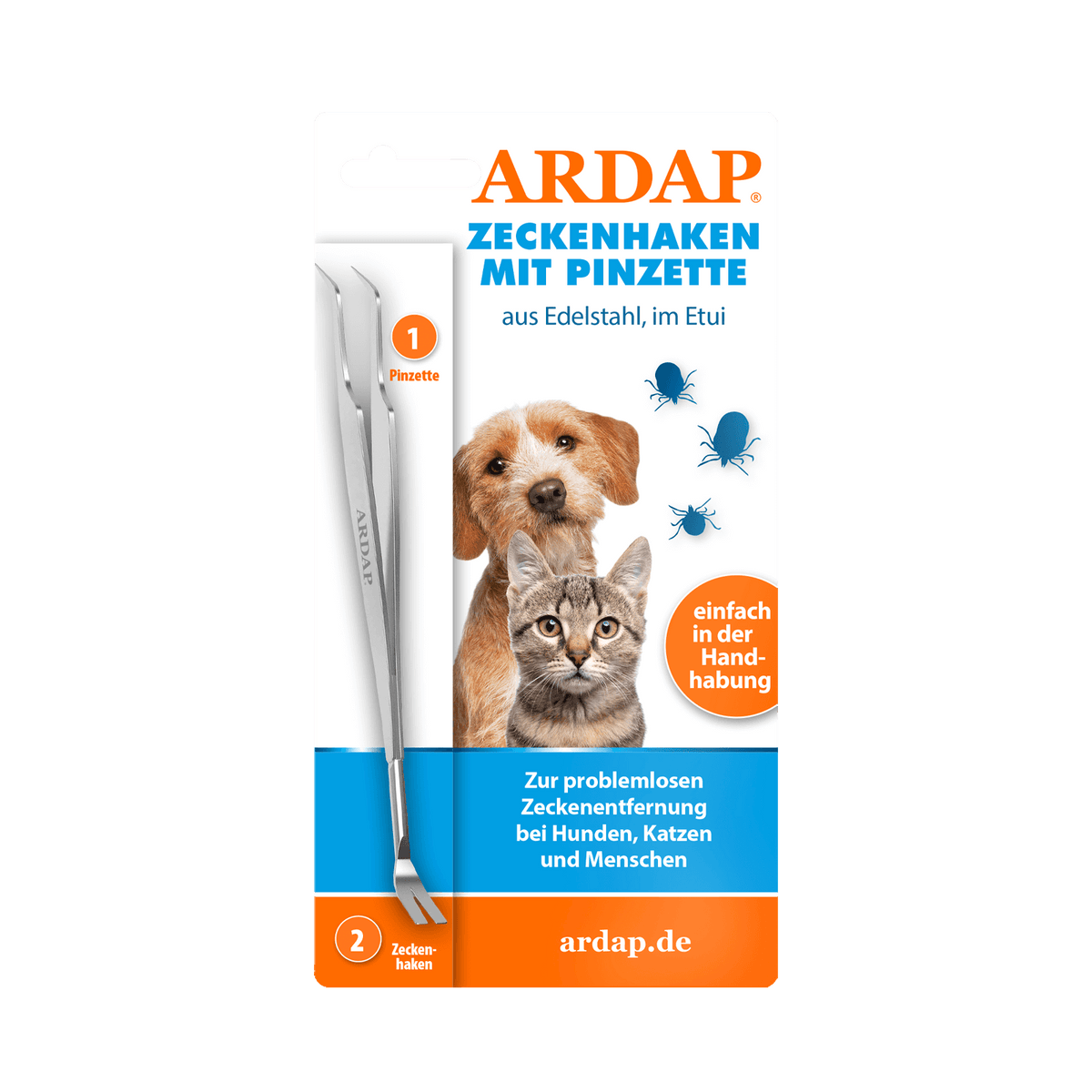 ARDAP Zeckenhaken mit Pinzette für Hund und Katze