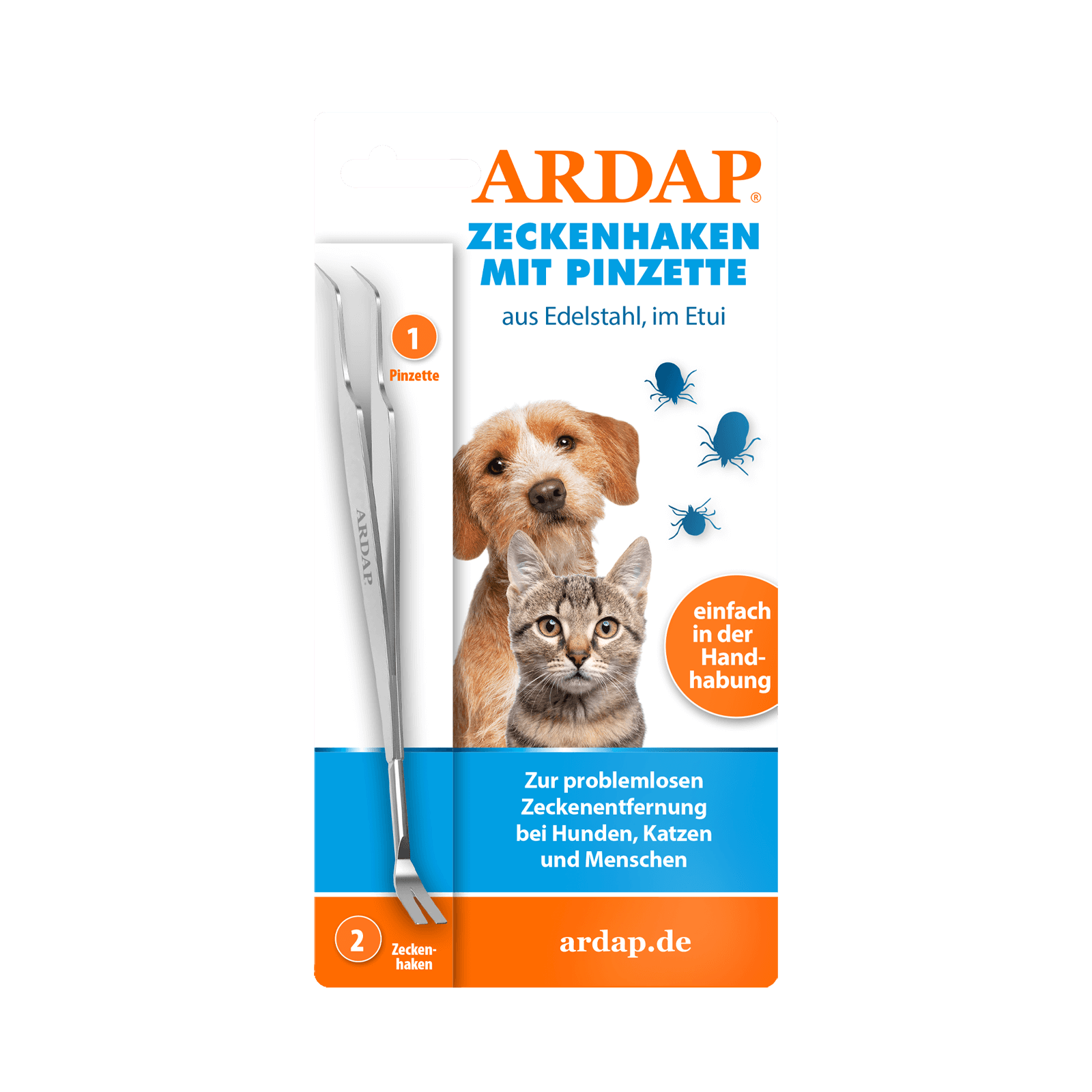 ARDAP Zeckenhaken mit Pinzette für Hund und Katze