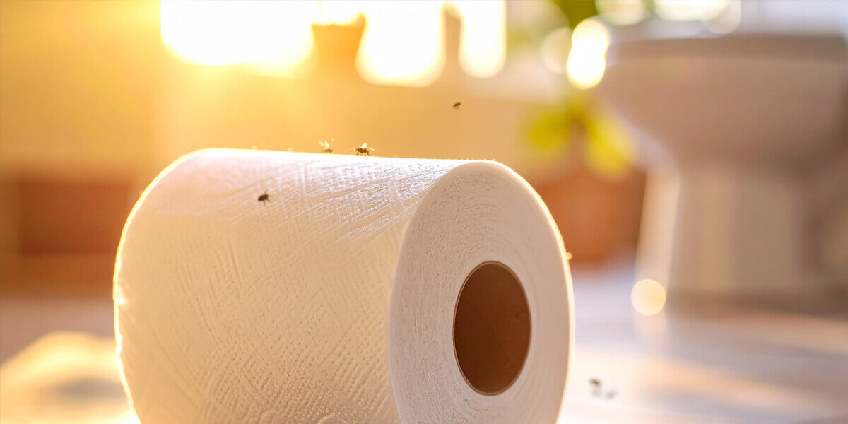 Fliegen im Bad auf Klopapierrolle