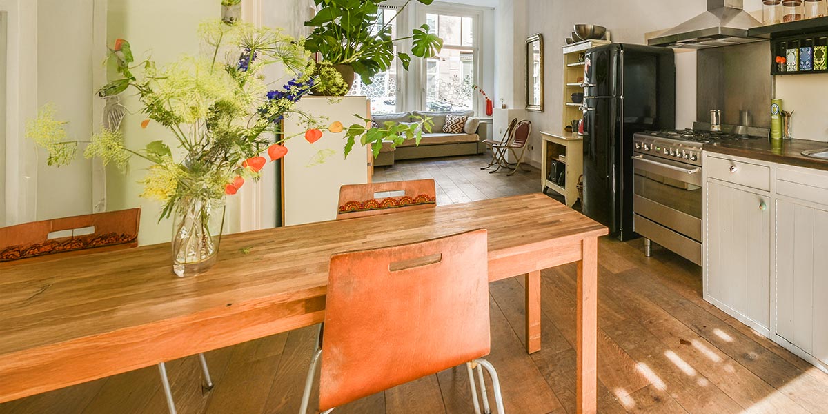 Helles Wohn- und Esszimmer mit offener Küche