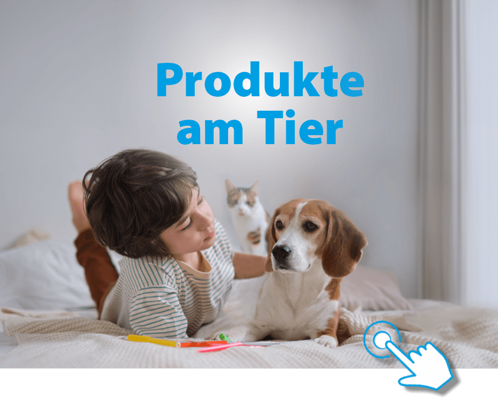 Kind mit Hund und Katze und Text "Produkte am Tier"