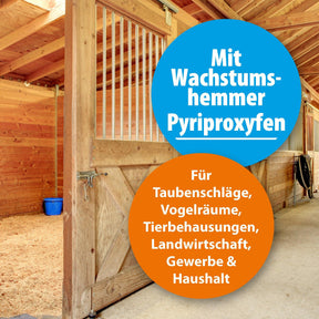 Pferdestall mit der Schrift "Mit Wachstumshemmer Pyriproxyfen, für Taubenschläge, Vogelräume, Tierbehausungen, Landwirtschaft, Gewerbe & Haushalt"