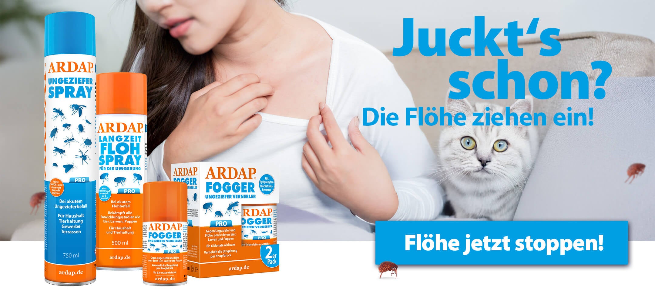 ARDAP-Saisonaler Header Floh- Juckt#s schon? - Die Flohsaison beginnt- Flöhe jetzt stoppen - ARDAP Ungezieferspray - ARDAP Langzeitflohspray - ARDAP Fogger- Frau die sich kratzt und hellgraue Katze auf Sofa