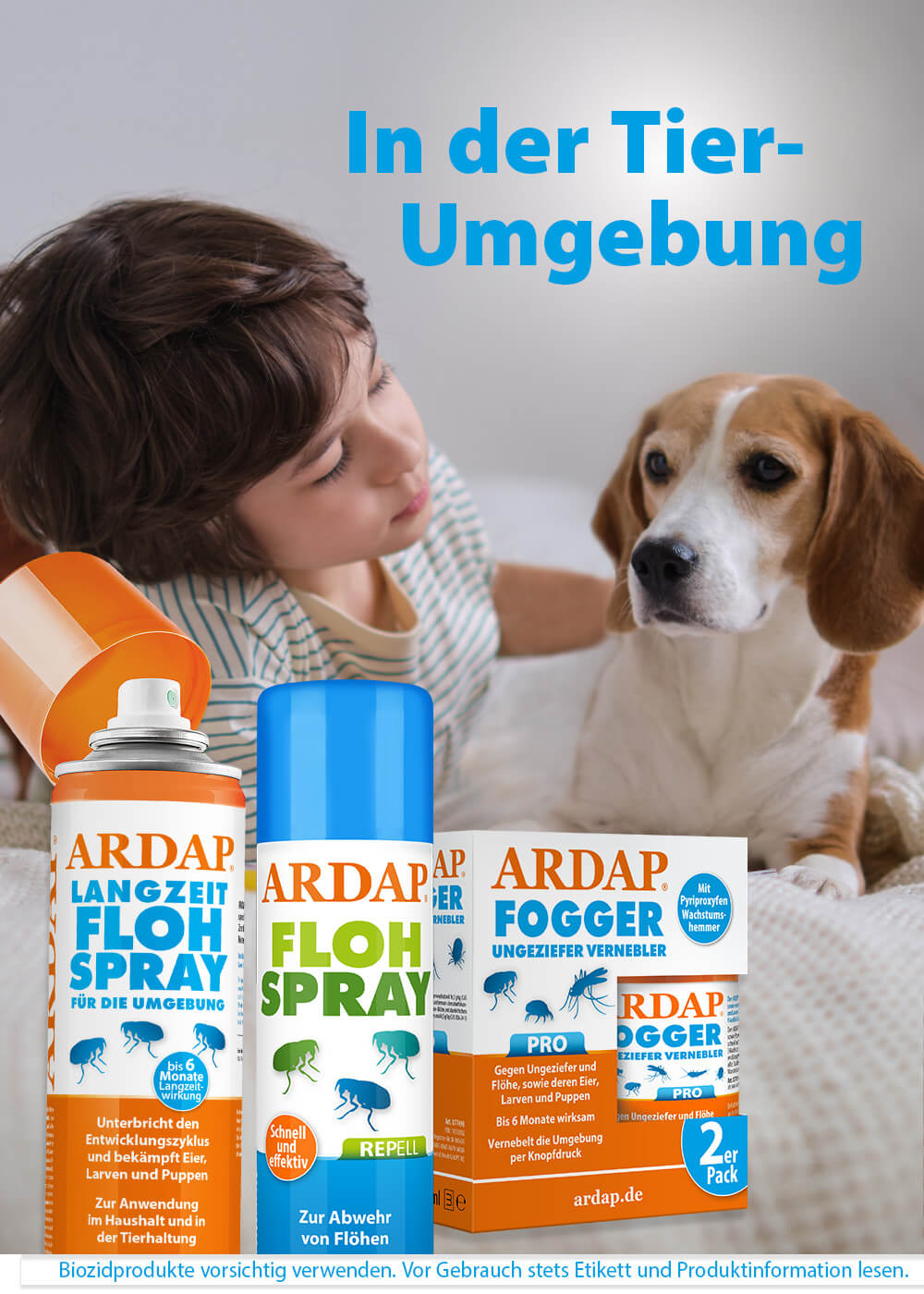 Kind mit Hund und Produkte für die Tierumgebung