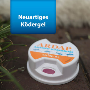 Bild von ARDAP Pro Ameisenköderdosen mit Text "Neuartiges Ködergel"