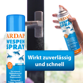 Bild von Anwendung ARDAP Pro Wespenspray am Fensterrahmen mit Text "Wirkt zuverlässig und schnell"