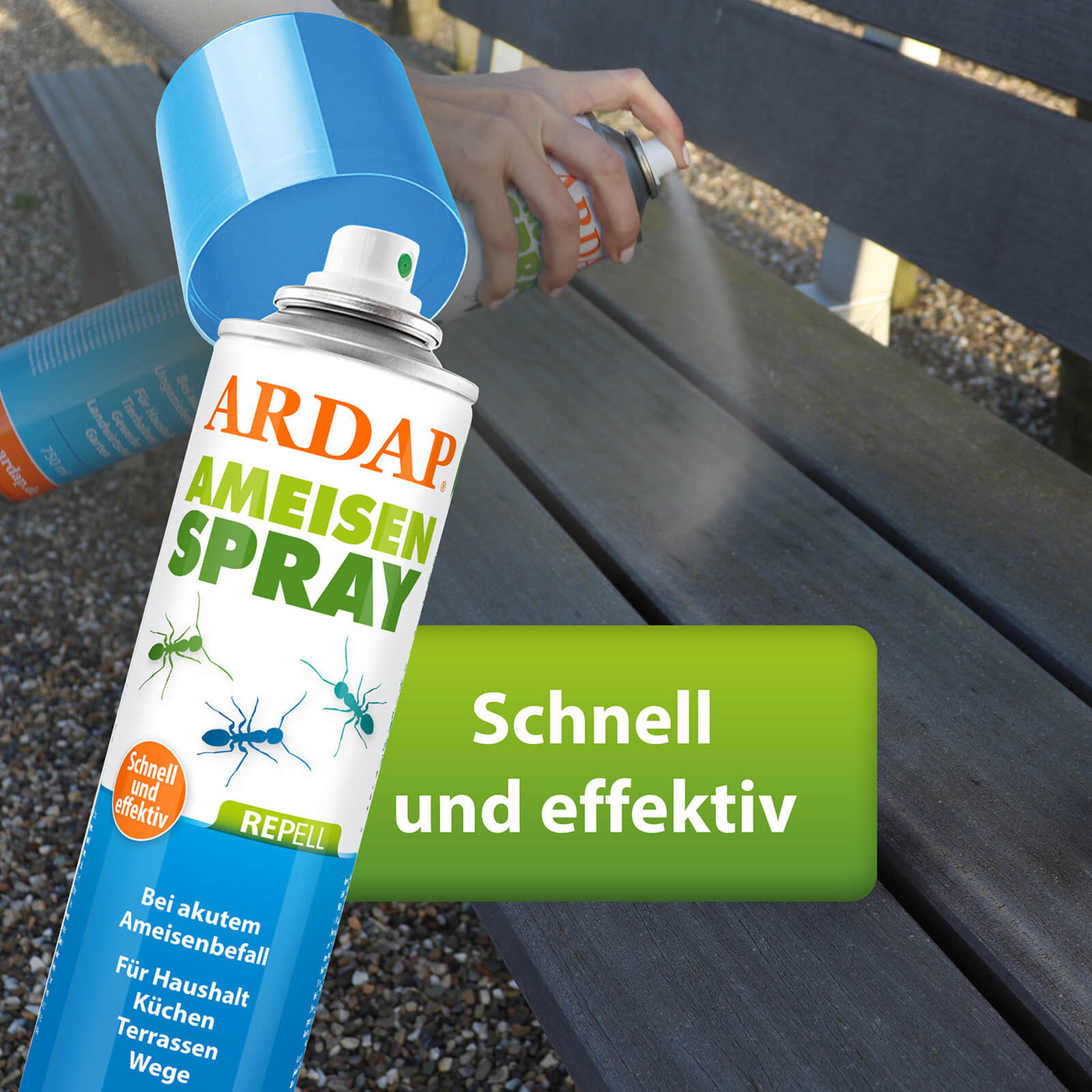 Anwendung des ARDAP Repell Ameisensprays auf Bank im Garten mit Text "Schnell und effektiv"