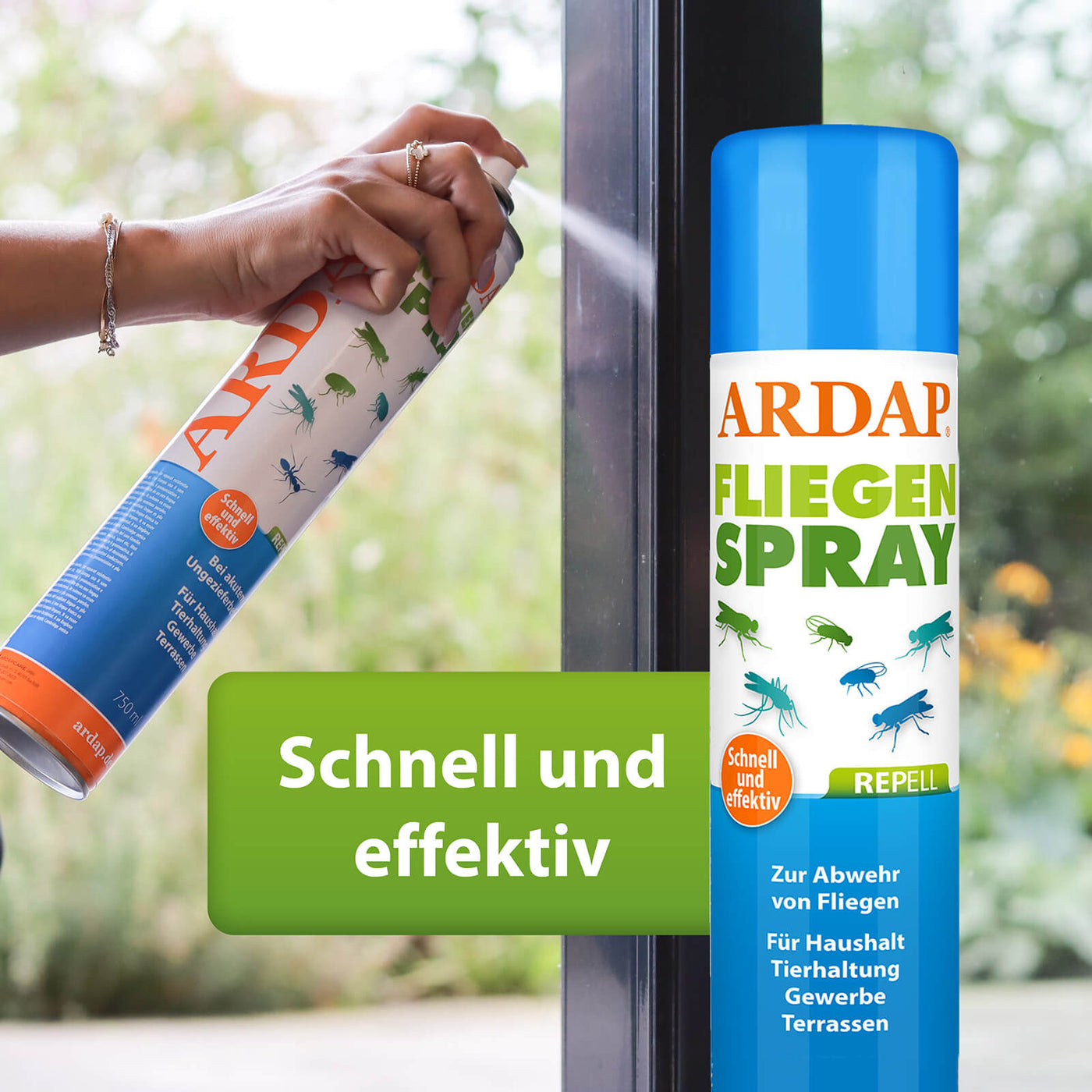 Bild von Anwendung des ARDAP Repell Fliegenspray am Fensterrahmen mit Text "Schnell und effektiv"