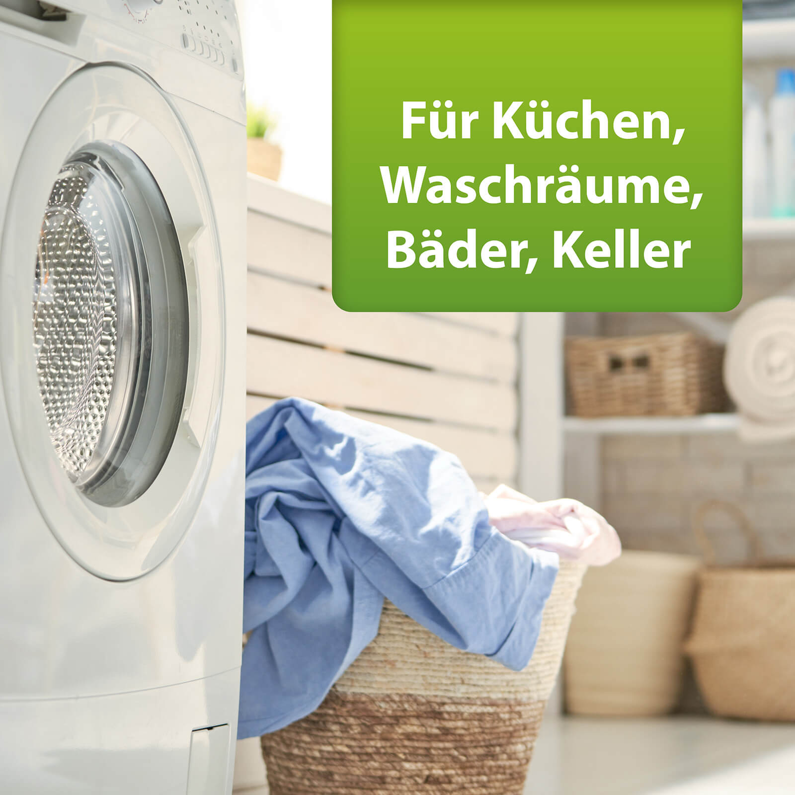 Bild on Waschmaschine im Bad mit Text "Für Küchen, Waschräume, Bäder, Keller"