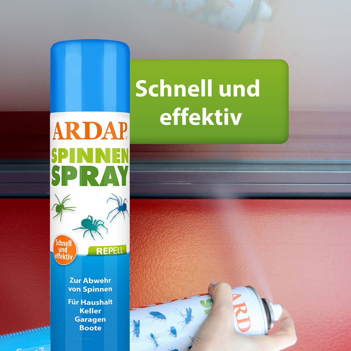 Bild von Anwendung des ARDAP Repell Spinnensprays am Fensterrahmen mit Text "Schnell und effektiv"