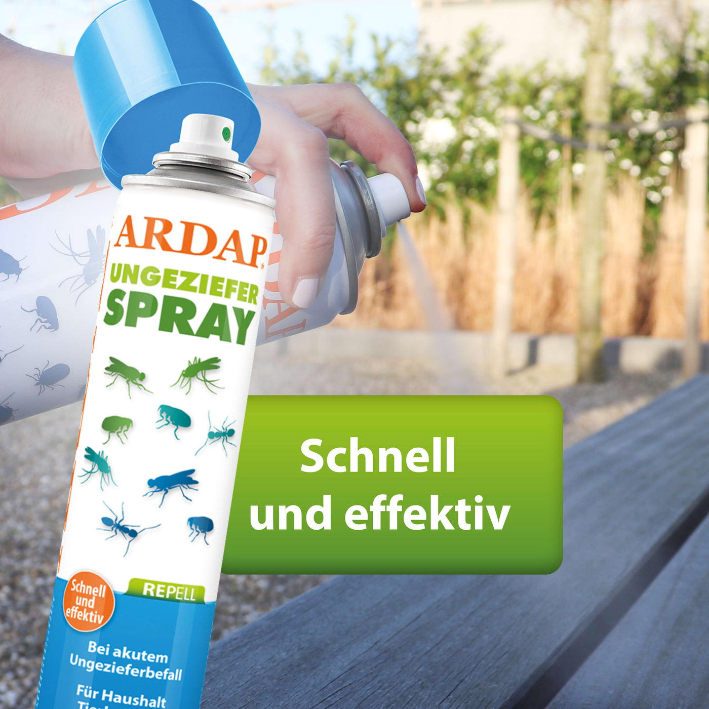 Anwendung von ARDAP Repell Ungezieferspray im Garten, wirkt schnell und effektiv