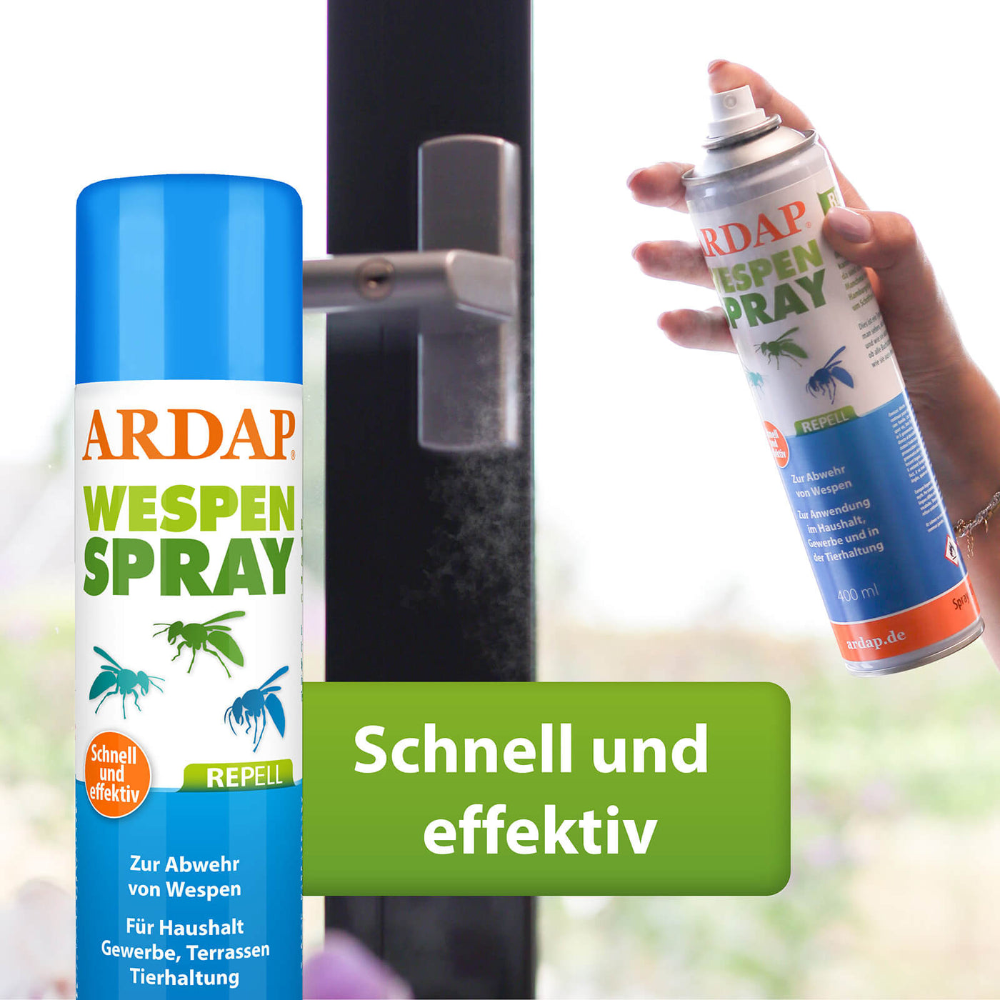 Bild von Anwendung des ARDAP Repell Wespensprays am Fensterrahmen mit Text "Schnell und effektiv"