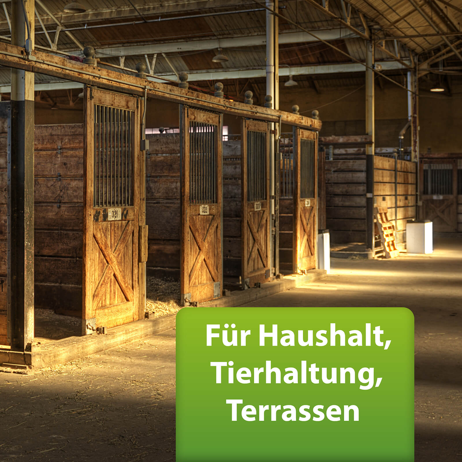 Bild von einem Pferdestall mit Text "Für Haushalt, Tierhaltung, Terrassen"