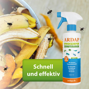 ARDAP Repell Zerstäuber wirkt schnell und effektiv, Bild von Fliegen und Obstabfall