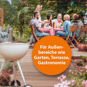 Terrassenbereich mit der Schrift "Für Außenbereiche wie Garten, Terrasse, Gastronomie"