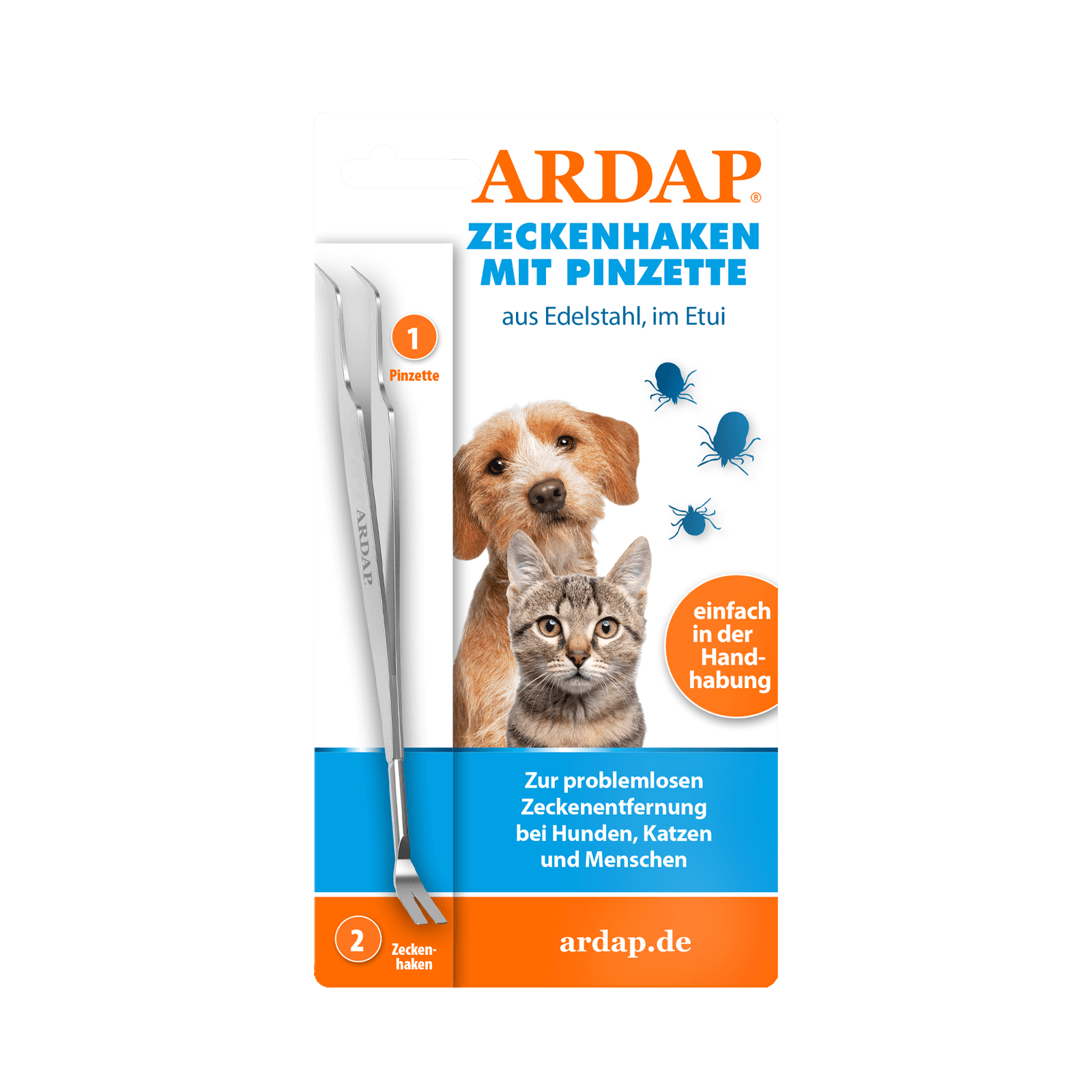 ARDAP Zeckenhaken mit Pinzette für Hund und Katze 