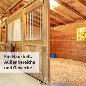 Bild von Pferdestall mit Text "Für Haushallt, Außenbereiche und Gewerbe"